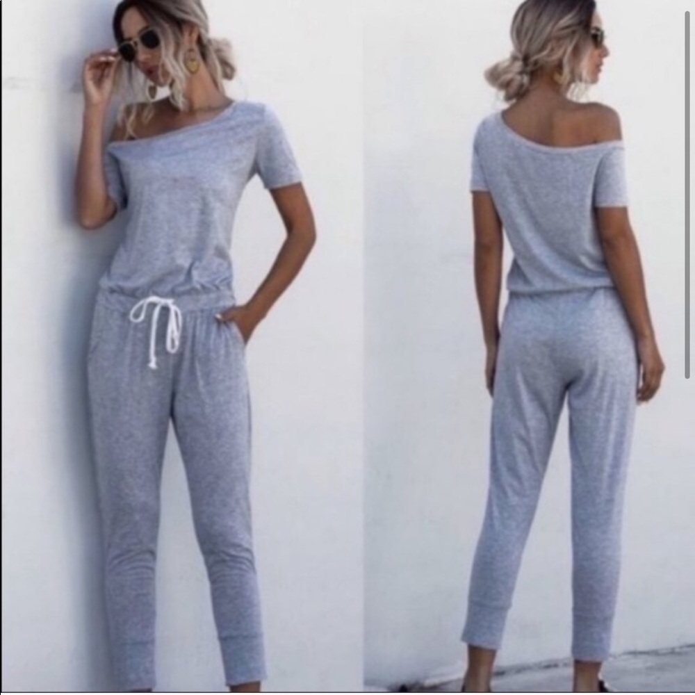 Off Shoulder Gray Jumpsuit - Picture 2 of 3
